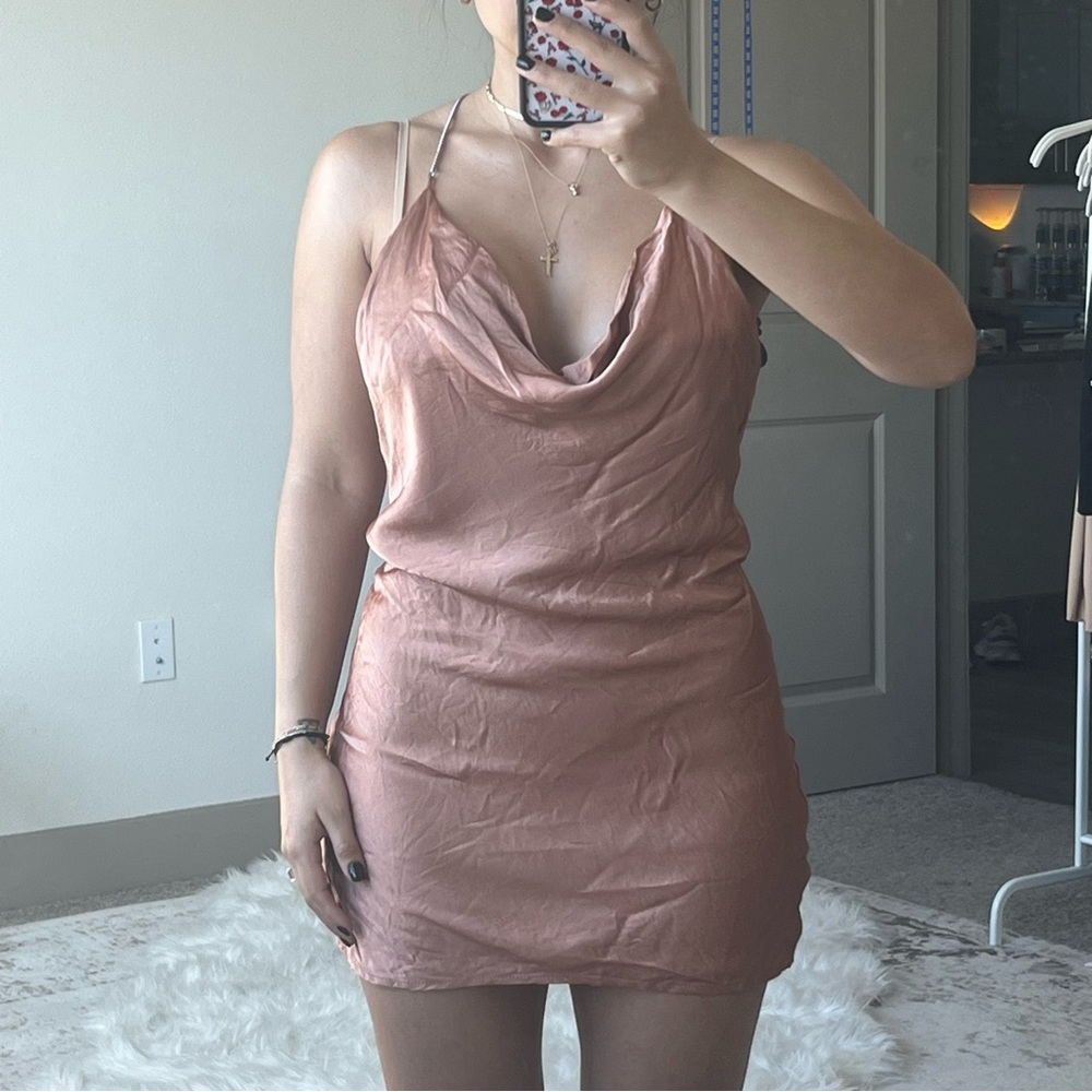 Cowl neck chain strap open back mini dress